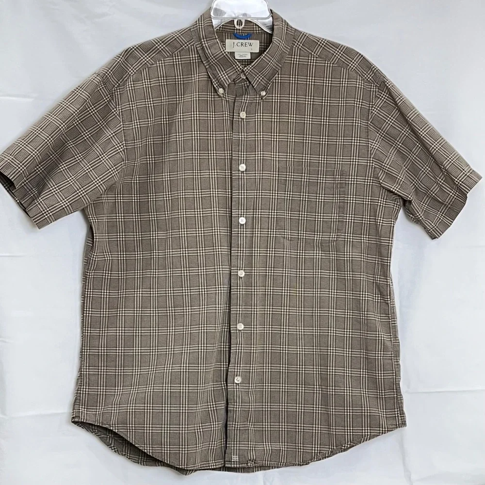J. Crew Mens Button Down Shirt L Brown Plaid Cotton Short Sleeve Office Casual